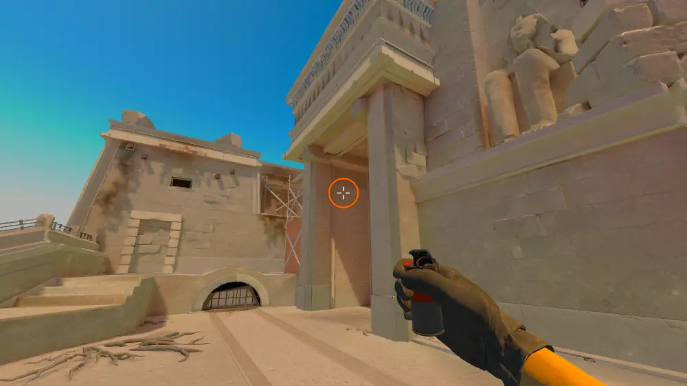Standing on the Ruins spot on Anubis, the aim mark on the point this molotov is thrown at.