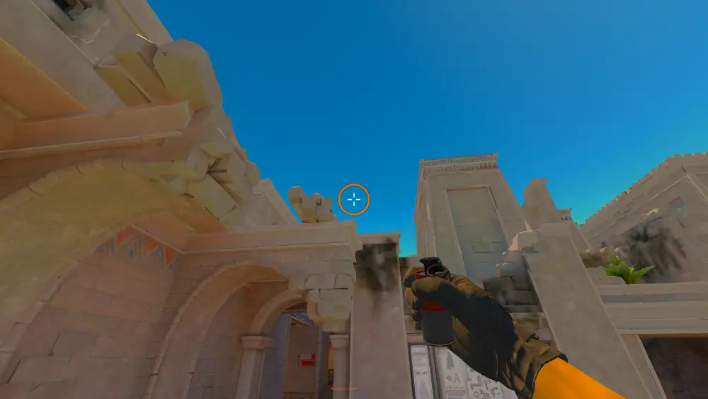 Standing on the CT Spawn spot on Anubis, the aim mark on the point this smoke is thrown at.