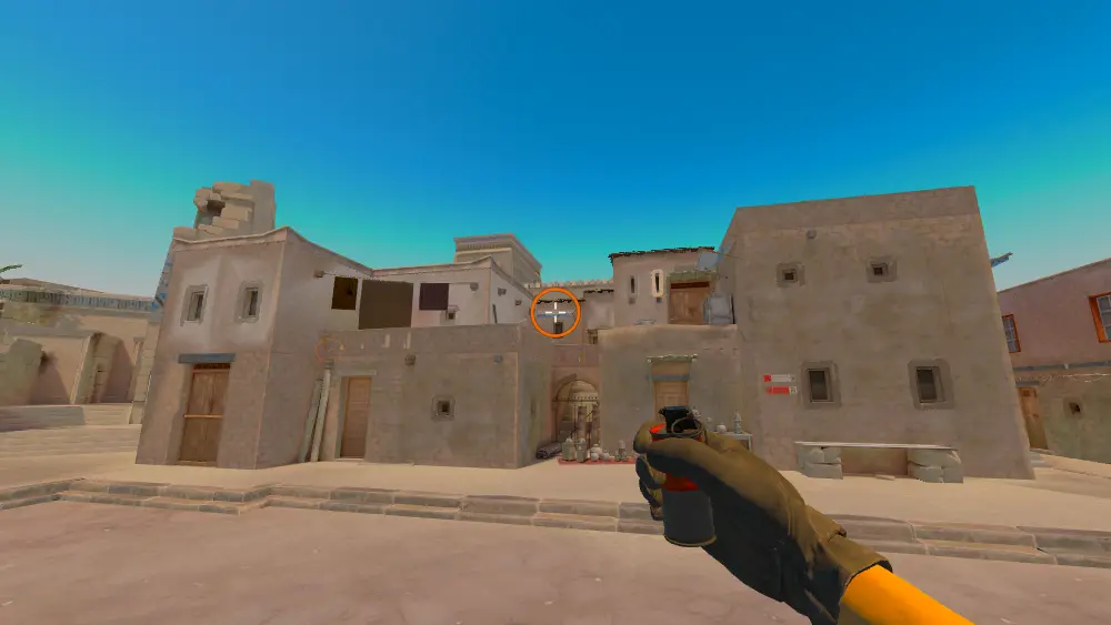 Standing on the T Spawn spot on Anubis, the aim mark on the point this smoke is thrown at.