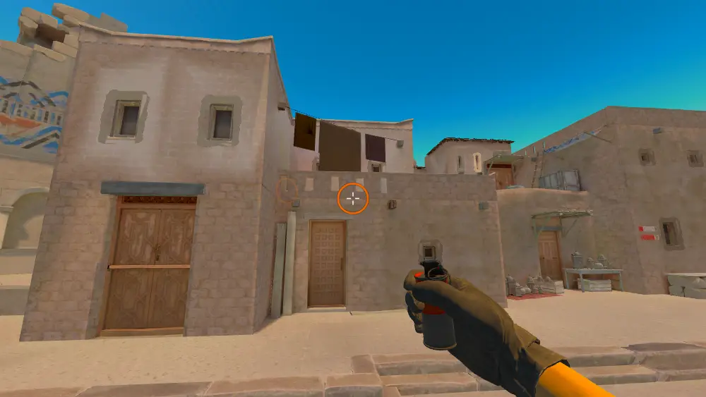Standing on the T Spawn spot on Anubis, the aim mark on the point this smoke is thrown at.