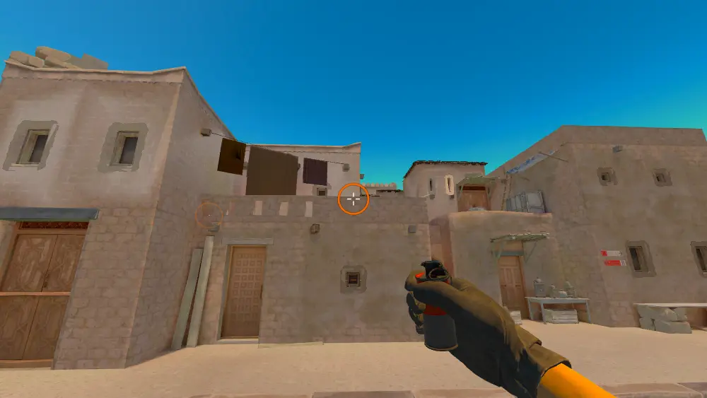 Standing on the T Spawn spot on Anubis, the aim mark on the point this smoke is thrown at.