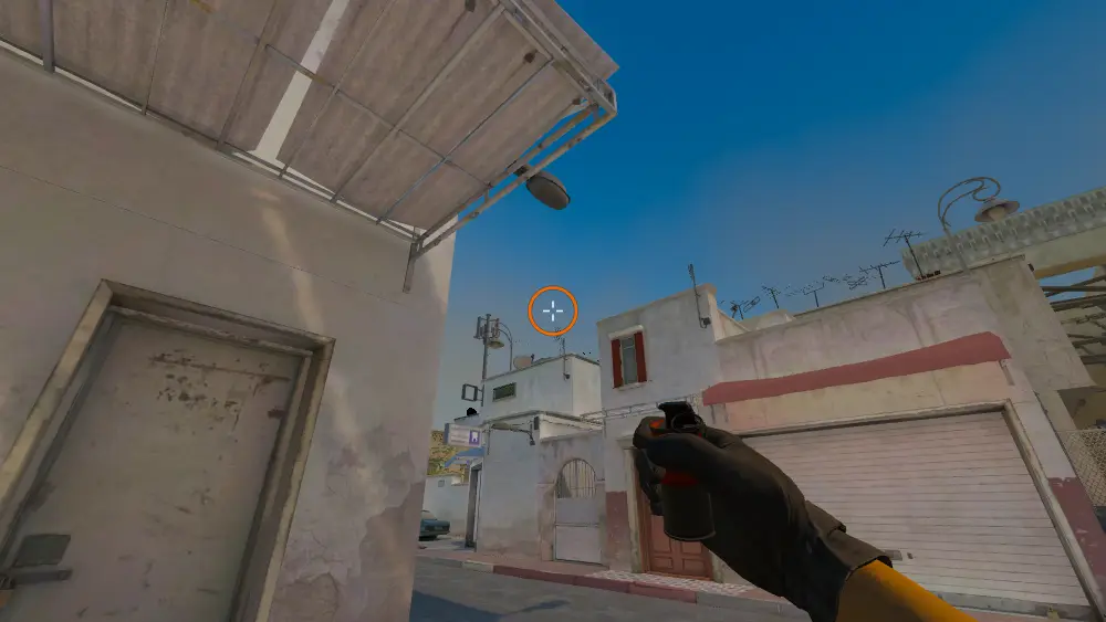 Standing on the Long Doors spot on Dust2, the aim mark on the point this smoke is thrown at.