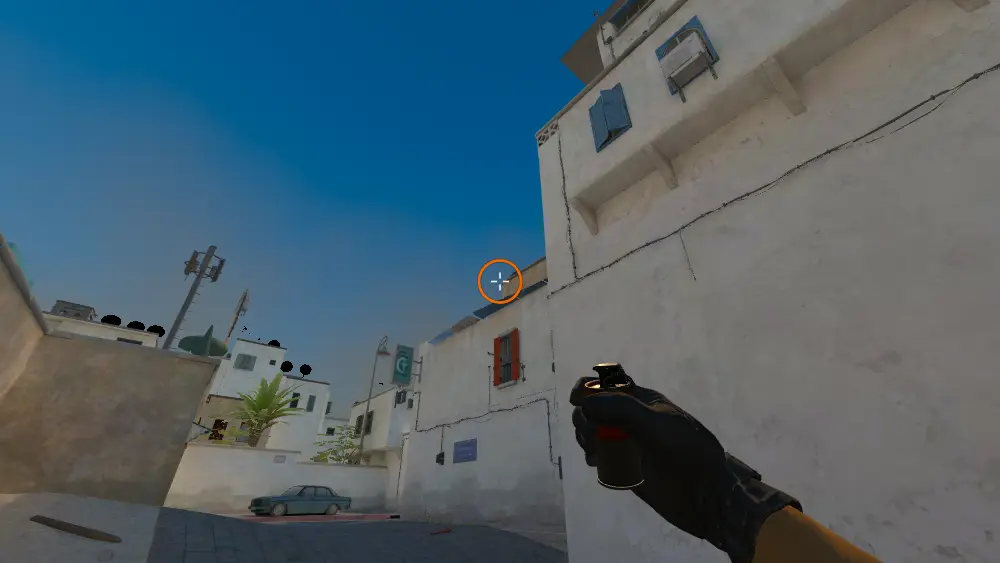 Standing on the Boost spot on Dust2, the aim mark on the point this flash is thrown at.