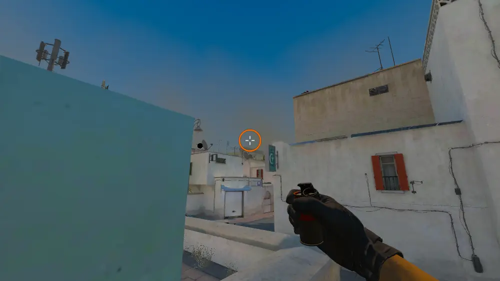 Standing on the A Plat2 spot on Dust2, the aim mark on the point this smoke is thrown at.