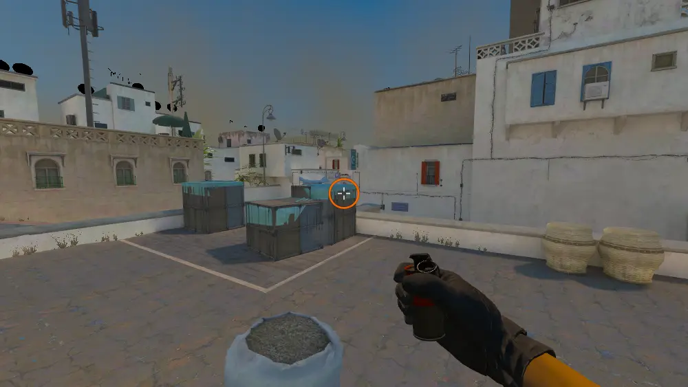 Standing on the A Plat3 spot on Dust2, the aim mark on the point this smoke is thrown at.