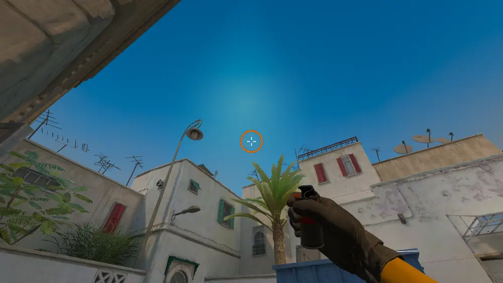 Standing on the Drum spot on Dust2, the aim mark on the point this smoke is thrown at.