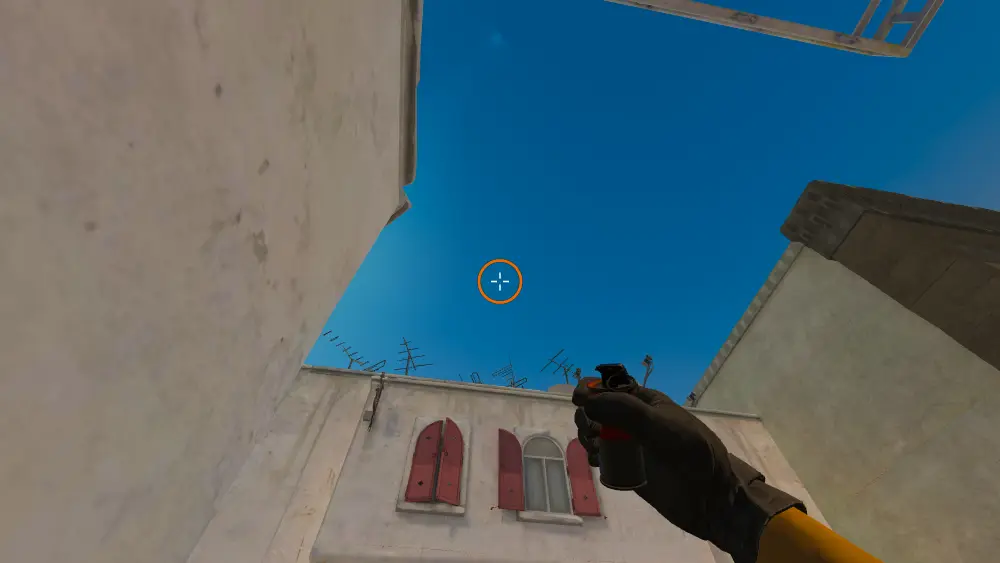 Standing on the Outside Long spot on Dust2, the aim mark on the point this smoke is thrown at.