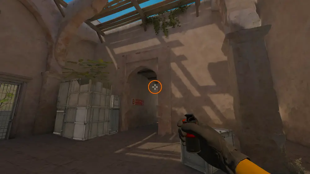 Standing on the Dust2 spot on Dust2, the aim mark on the point this flash is thrown at.