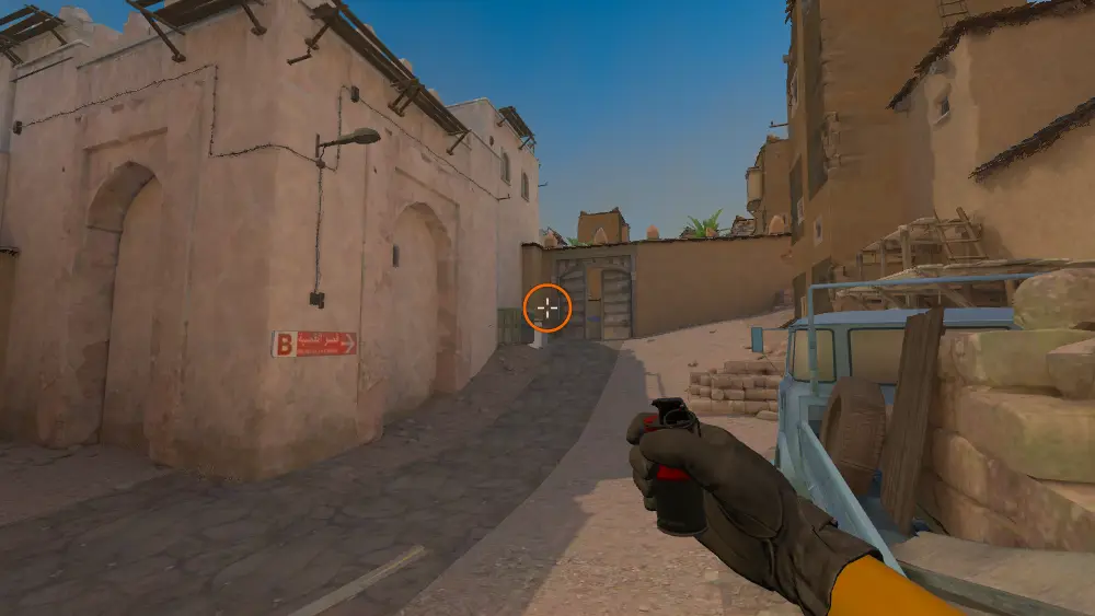 Standing on the Dust2 spot on Dust2, the aim mark on the point this flash is thrown at.