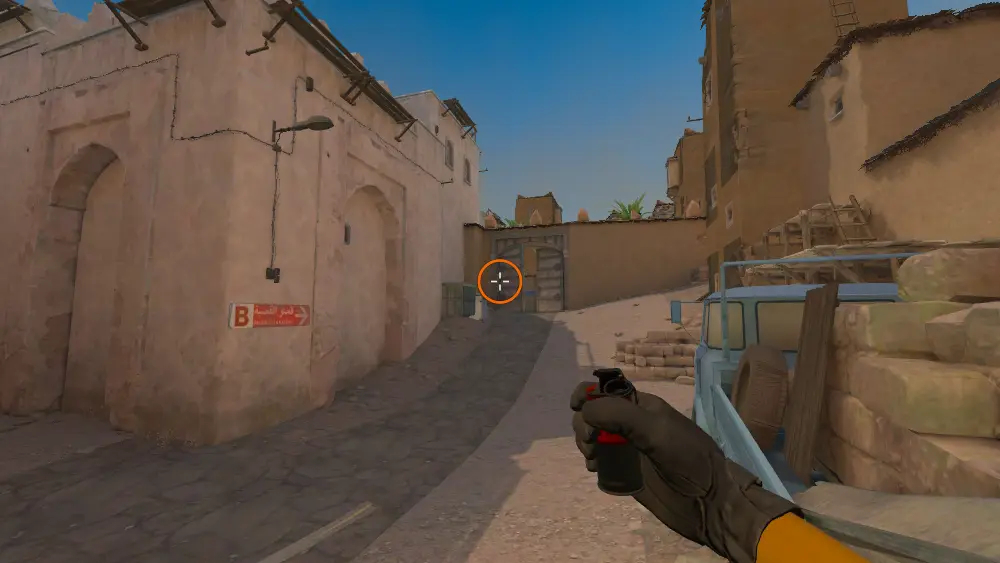 Standing on the CT Mid spot on Dust2, the aim mark on the point this smoke is thrown at.