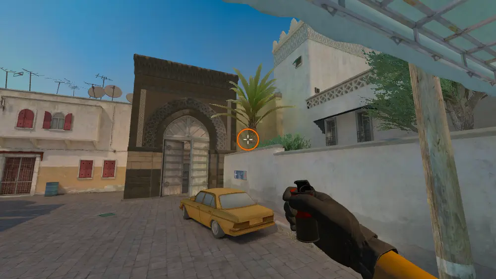 Standing on the Outside A Long spot on Dust2, the aim mark on the point this smoke is thrown at.