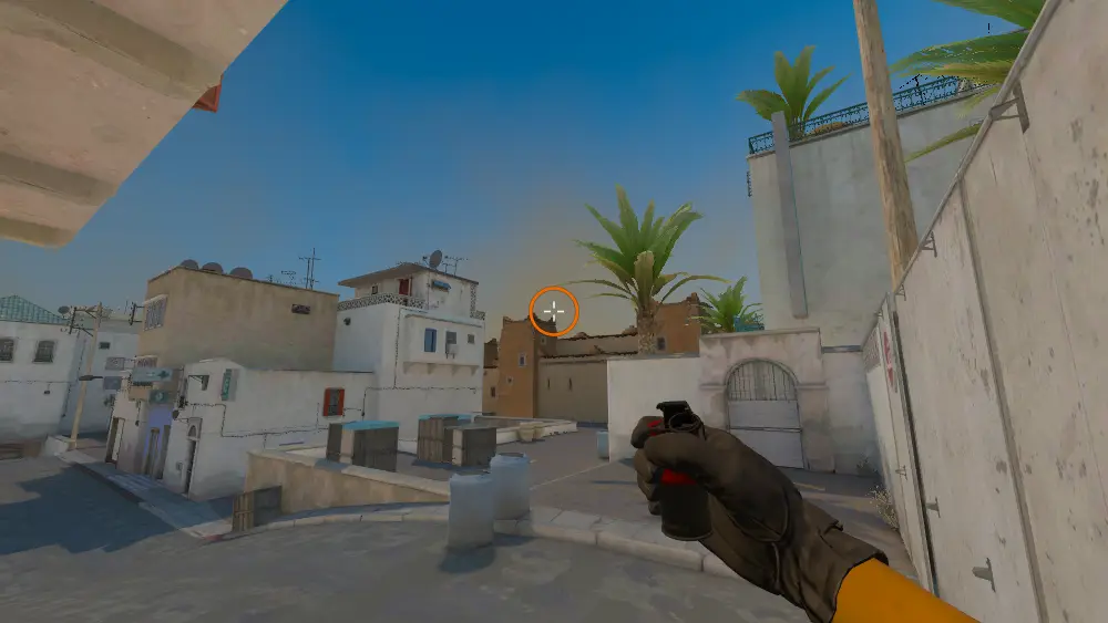 Standing on the Goose spot on Dust2, the aim mark on the point this smoke is thrown at.