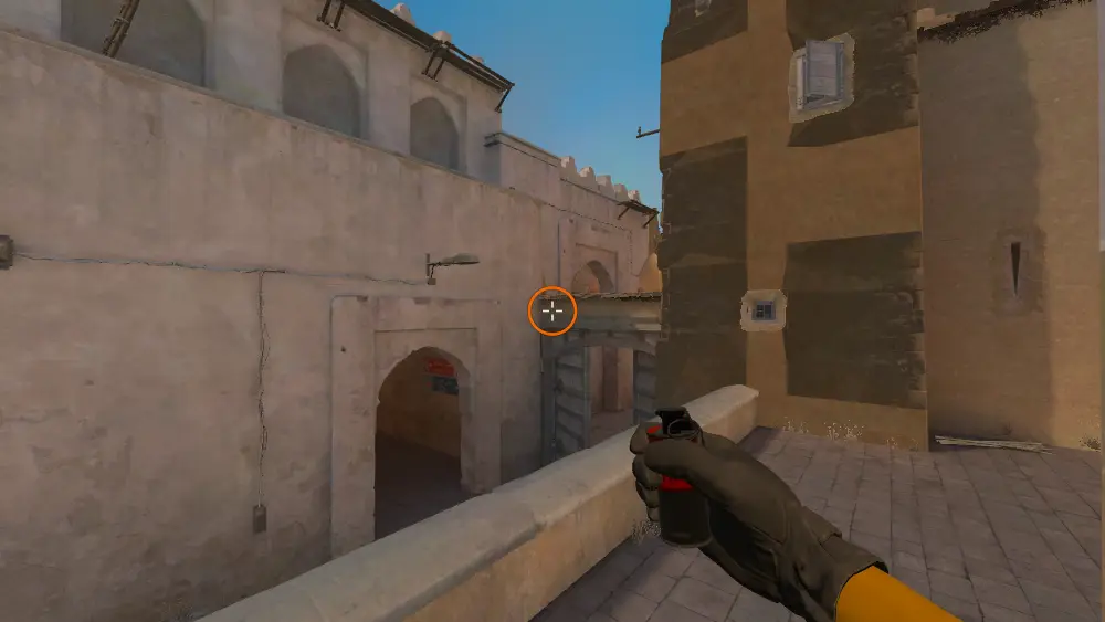 Standing on the Cat spot on Dust2, the aim mark on the point this smoke is thrown at.