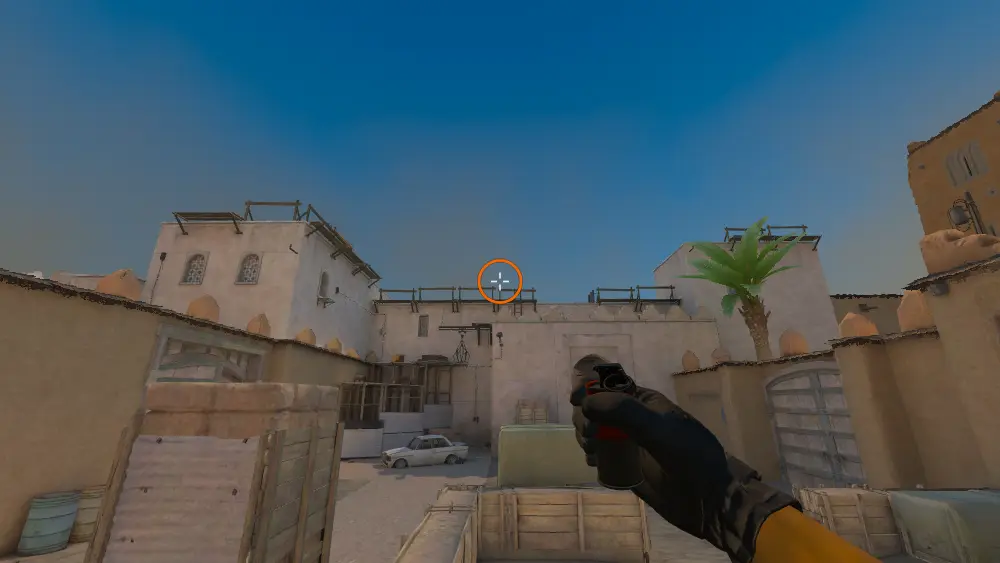 Standing on the B Plat spot on Dust2, the aim mark on the point this smoke is thrown at.
