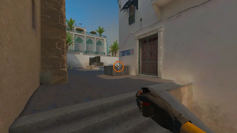 Standing on the Cat Stairs spot on Dust2, the aim mark on the point this molotov is thrown at.