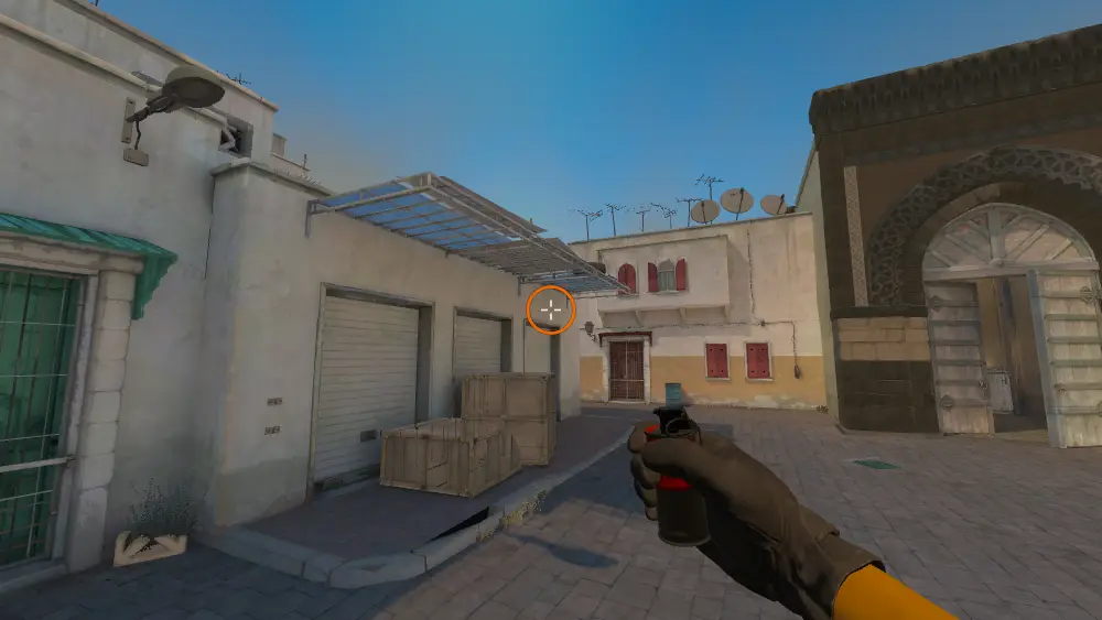 Standing on the Outside Long spot on Dust2, the aim mark on the point this smoke is thrown at.