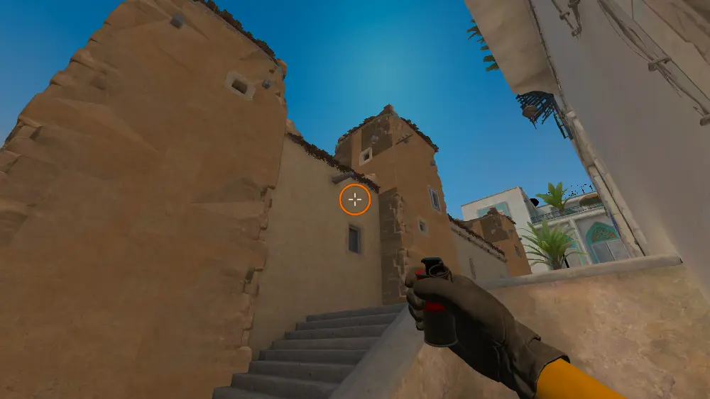 Standing on the Stairs spot on Dust2, the aim mark on the point this smoke is thrown at.