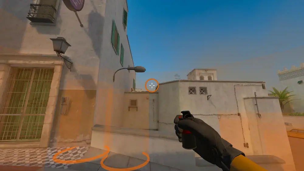 Standing on the Dust2 spot on Dust2, the aim mark on the point this smoke is thrown at.