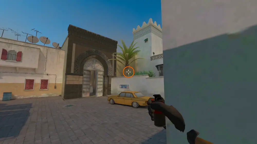 Standing on the Dust2 spot on Dust2, the aim mark on the point this flash is thrown at.