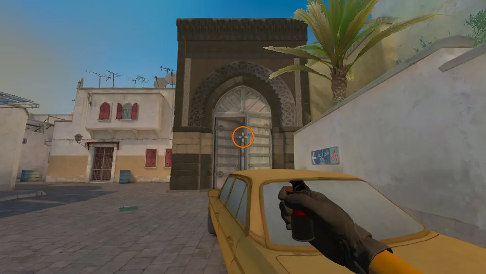 Standing on the Dust2 spot on Dust2, the aim mark on the point this flash is thrown at.