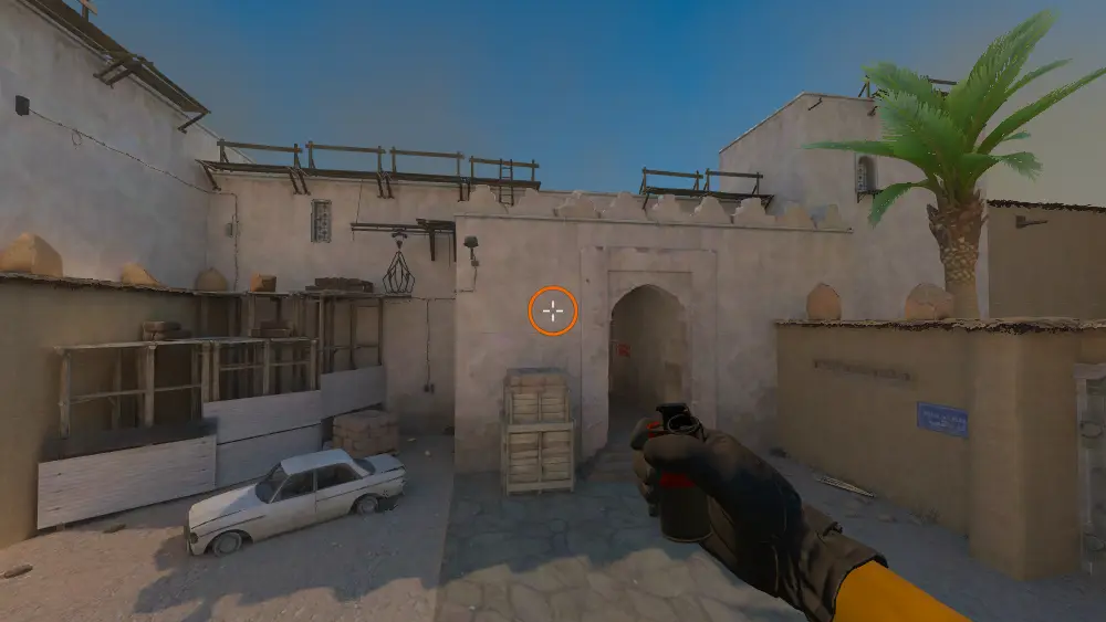 Standing on the Dust2 spot on Dust2, the aim mark on the point this flash is thrown at.