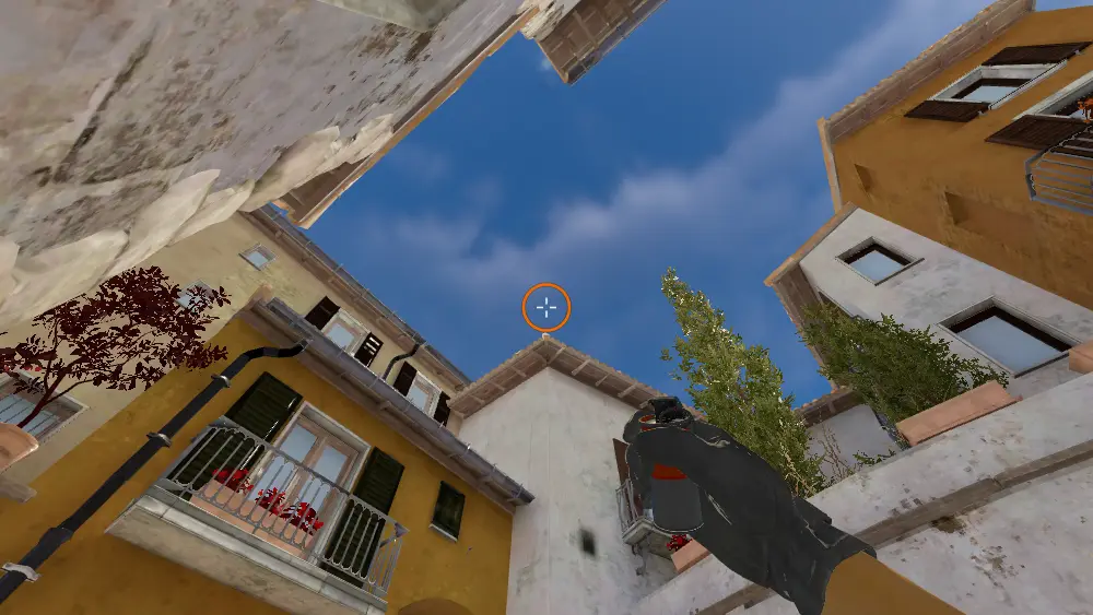 Standing on the CT Spawn spot on Inferno, the aim mark on the point this smoke is thrown at.