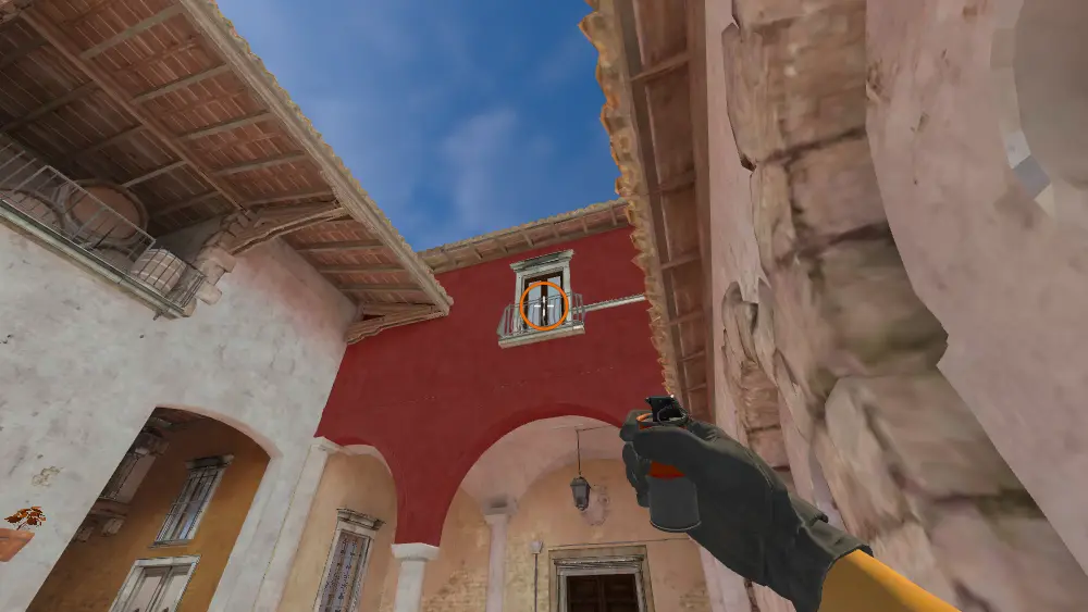 Standing on the CT Spawn spot on Inferno, the aim mark on the point this smoke is thrown at.