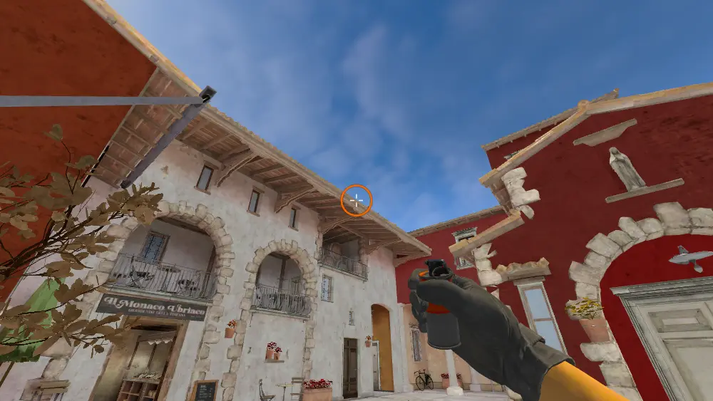 Standing on the CT Spawn spot on Inferno, the aim mark on the point this smoke is thrown at.