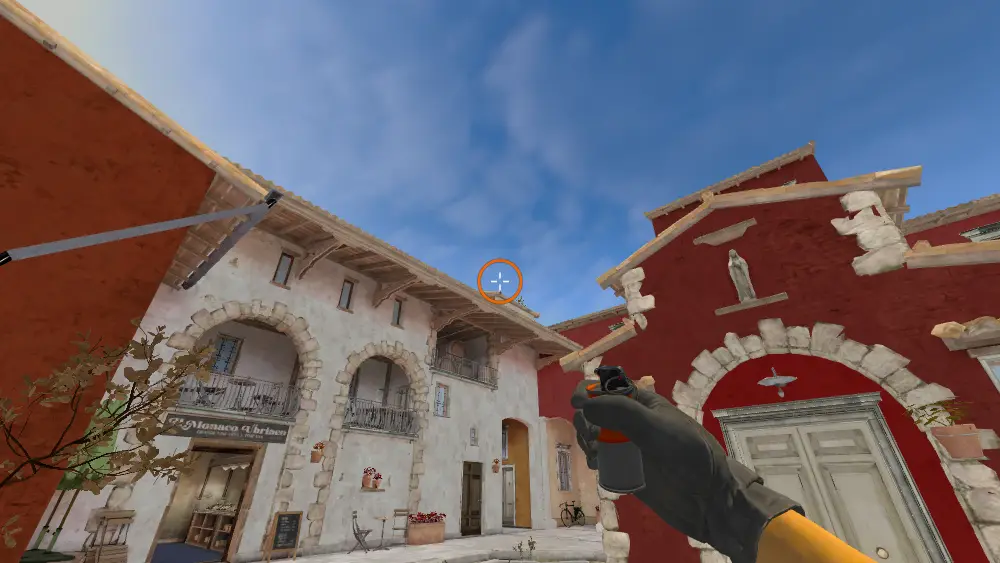Standing on the CT Spawn spot on Inferno, the aim mark on the point this smoke is thrown at.