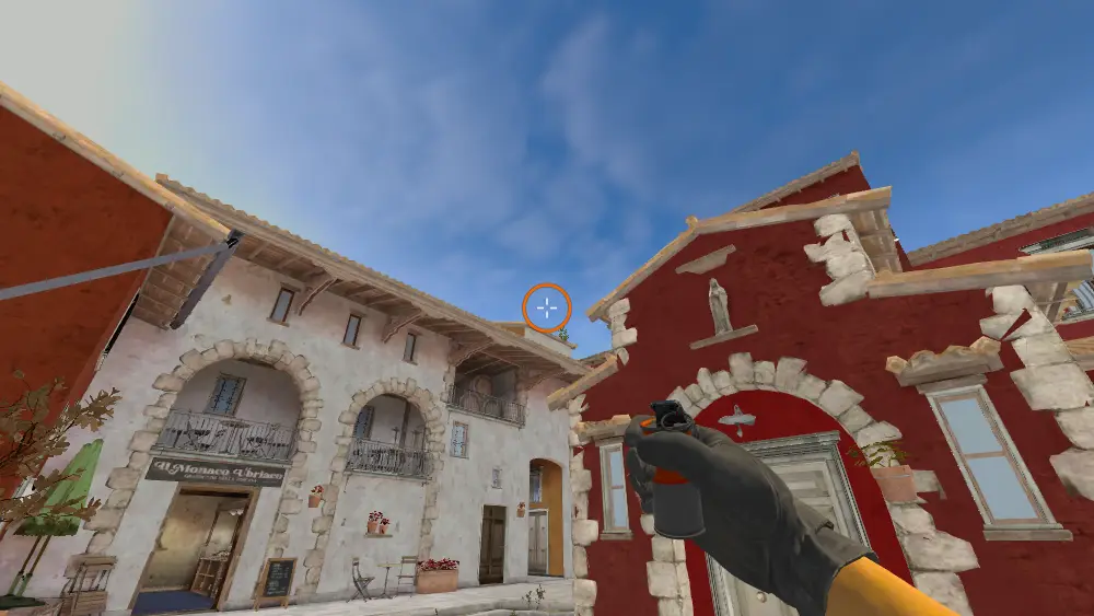 Standing on the CT Spawn spot on Inferno, the aim mark on the point this smoke is thrown at.