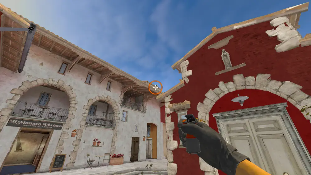 Standing on the CT Spawn spot on Inferno, the aim mark on the point this smoke is thrown at.