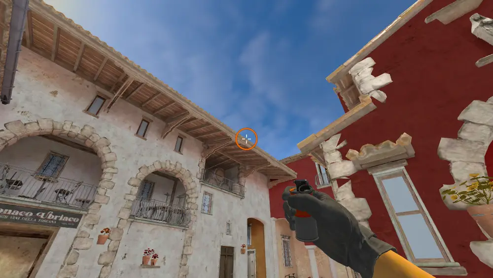 Standing on the CT Spawn spot on Inferno, the aim mark on the point this smoke is thrown at.
