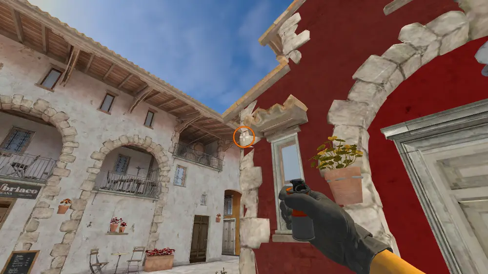 Standing on the CT Spawn spot on Inferno, the aim mark on the point this smoke is thrown at.