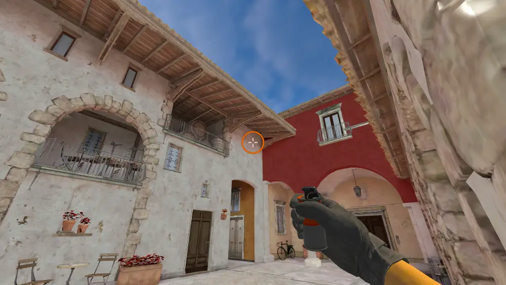 Standing on the CT Spawn spot on Inferno, the aim mark on the point this smoke is thrown at.