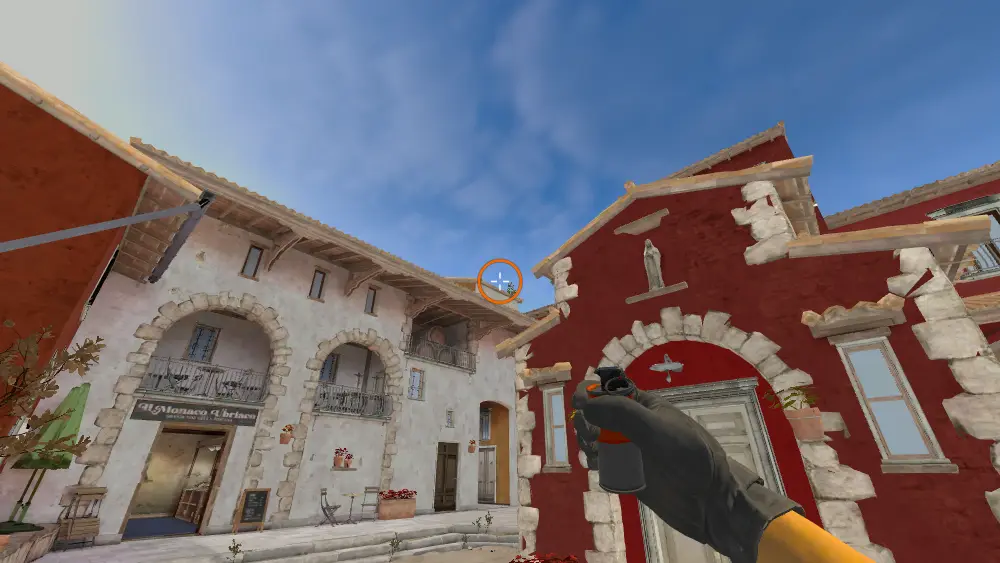 Standing on the CT Spawn2 spot on Inferno, the aim mark on the point this smoke is thrown at.