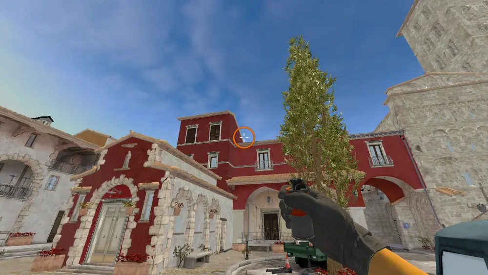 Standing on the CT Spawn spot on Inferno, the aim mark on the point this smoke is thrown at.