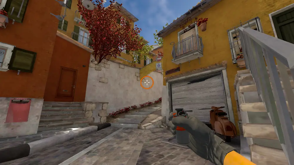 Standing on the T Spawn spot on Inferno, the aim mark on the point this flash is thrown at.