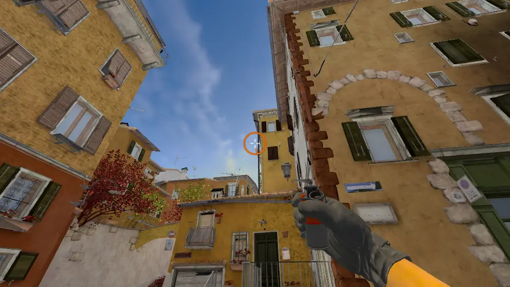 Standing on the T Spawn spot on Inferno, the aim mark on the point this smoke is thrown at.