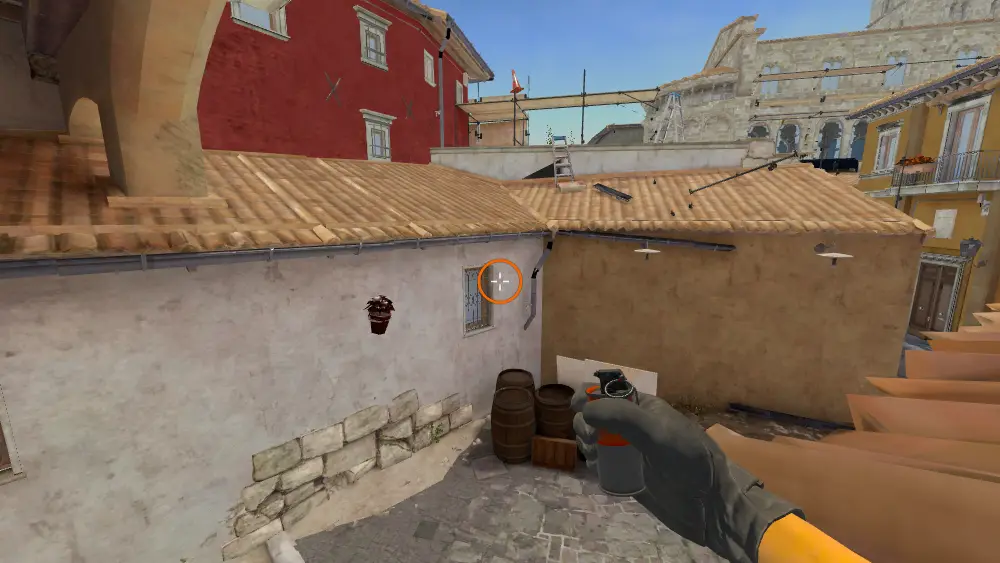 Standing on the Half Wall To Dark Pillar spot on Inferno, the aim mark on the point this molotov is thrown at.