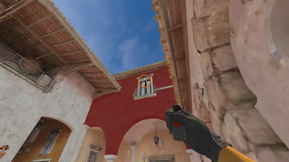 Standing on the CT To Bottom Banana spot on Inferno, the aim mark on the point this smoke is thrown at.