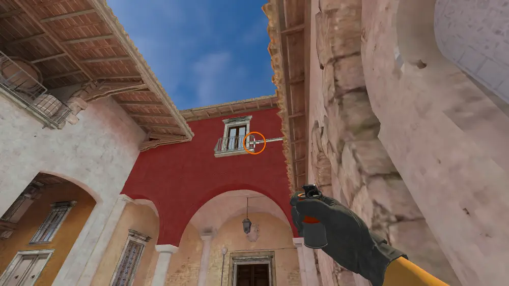 Standing on the CT To Mid Banana spot on Inferno, the aim mark on the point this smoke is thrown at.