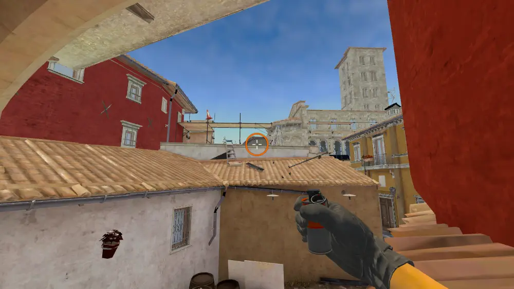 Standing on the Half Wall To B Coffin spot on Inferno, the aim mark on the point this smoke is thrown at.