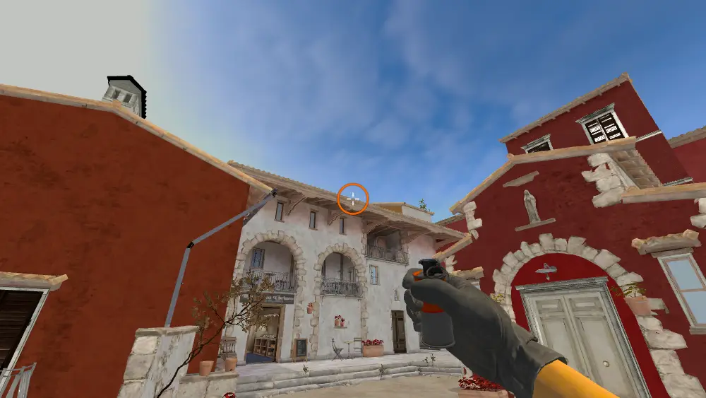 Standing on the CT Spawn spot on Inferno, the aim mark on the point this smoke is thrown at.