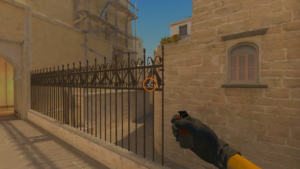 Standing on the T Spawn spot on Mirage, the aim mark on the point this flash is thrown at.