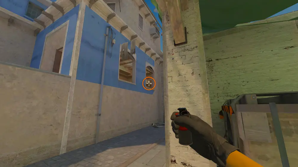 Standing on the B Site spot on Mirage, the aim mark on the point this molotov is thrown at.