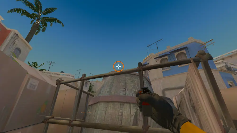 Standing on the Cart spot on Mirage, the aim mark on the point this smoke is thrown at.
