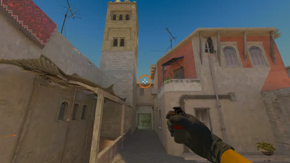 Standing on the Back Alley spot on Mirage, the aim mark on the point this flash is thrown at.