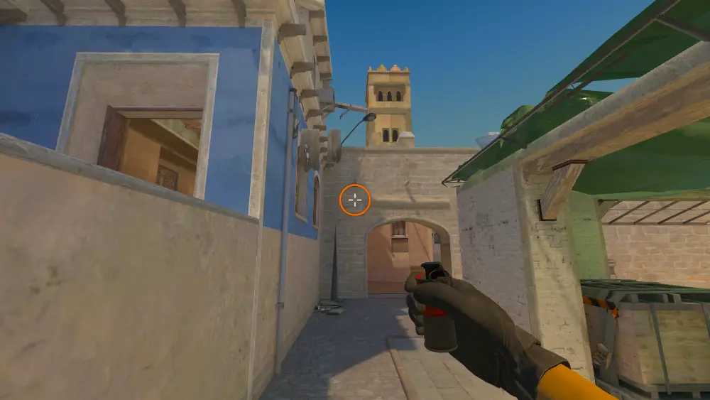 Standing on the B Site spot on Mirage, the aim mark on the point this smoke is thrown at.