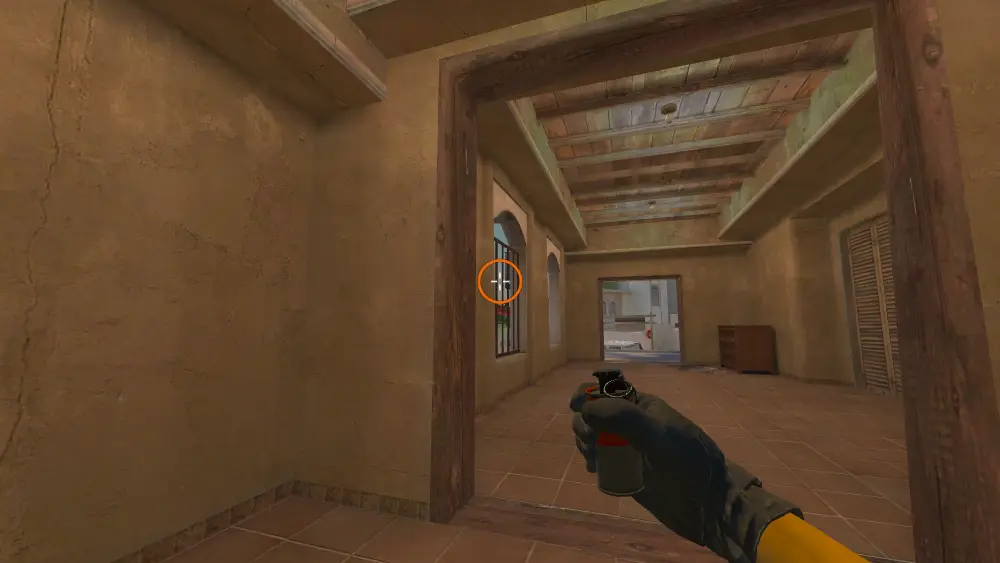 Standing on the B Apts spot on Mirage, the aim mark on the point this molotov is thrown at.