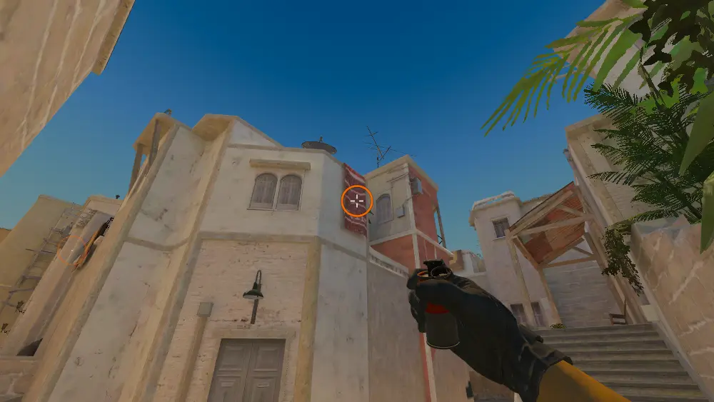 Standing on the Apts Ramp spot on Mirage, the aim mark on the point this smoke is thrown at.